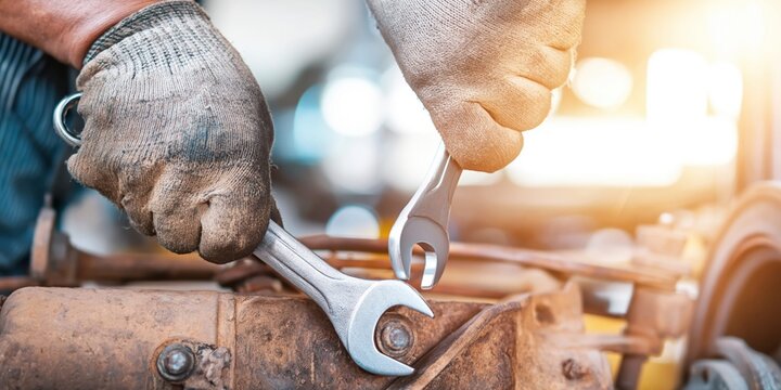 Mechanic wearing gloves uses wrenches to fix rusty car suspension system