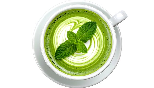 Overhead shot of a cup of vibrant green matcha latte on a white saucer, adorned with a mint sprig