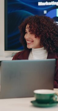 Laptop, meeting and smile with business woman in office for workshop, digital marketing graph and project. Brand awareness, target audience trends and ad analysis with employee in agency for chart