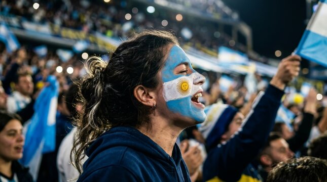 Female fan with argentinian face paint cheering in stadium