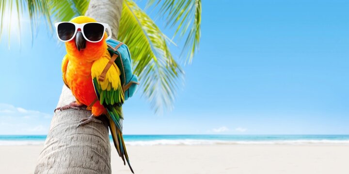 Bright tropical parrot with sunglasses and backpack on palm tree at beach