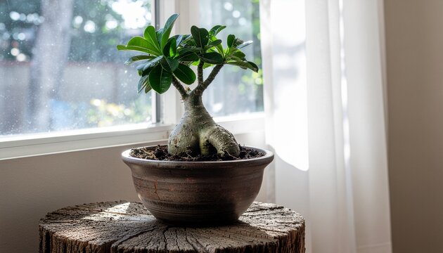 A photorealistic interior photograph of an artistic Adenium obesum (Desert Rose) with a dramatically swollen, bulbous naturally formed caudex and branches, in a rustic handmade ceramic pot by a sunlit