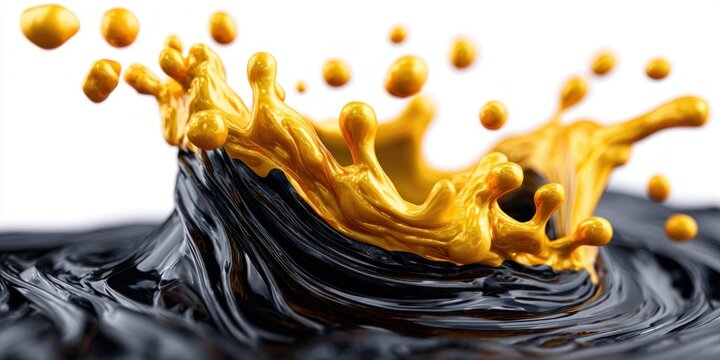Dynamic splash of golden liquid erupting from dark viscous fluid in motion