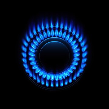 Close-up of a gas stove burner with bright blue flames on a black background