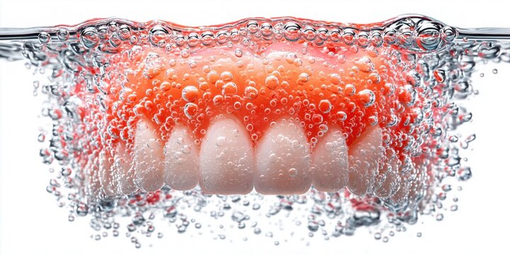 Dentures submerged in effervescent liquid with numerous tiny bubbles