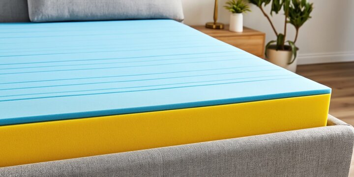 Comfortable layered mattress topper with blue and yellow foam on a bed