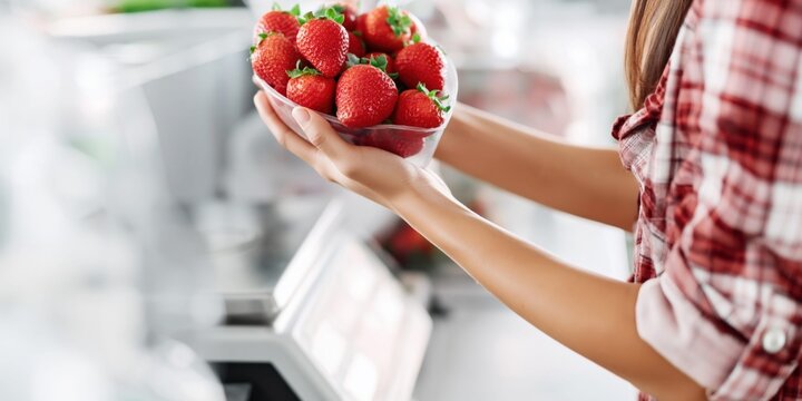 Woman holding a clear plastic container filled with fresh, ripe strawberries