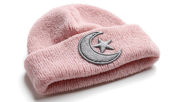 Pink sleeping cap with moon and star isolated on the white background 