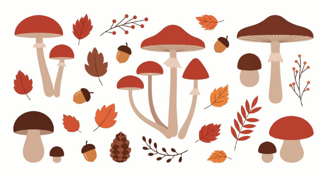 Autumn mushrooms and leaves illustration.