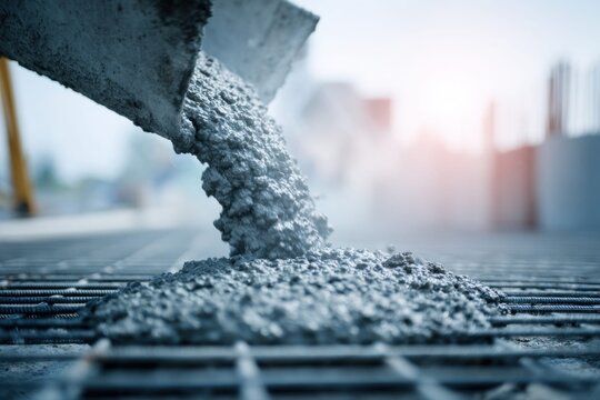 Fresh concrete is poured from a chute onto a rebar grid at a construction site
