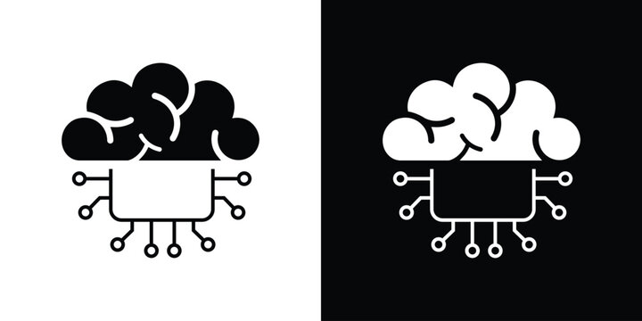A vector icon showing a human brain atop a computer microchip. Represents the fusion of biology and technology, neural networks, artificial intelligence, and advanced hardware processing concepts.