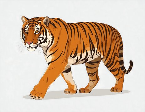 Tiger walking on white background alone.