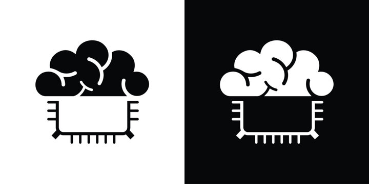 A vector icon showing a human brain atop a computer microchip. Represents the fusion of biology and technology, neural networks, artificial intelligence, and advanced hardware processing concepts.