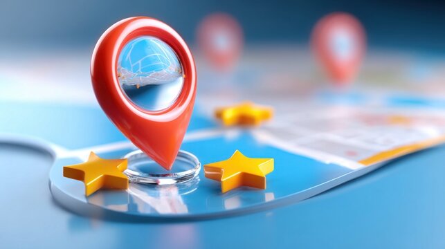 Red location pin with stars on a map, representing navigation and travel planning