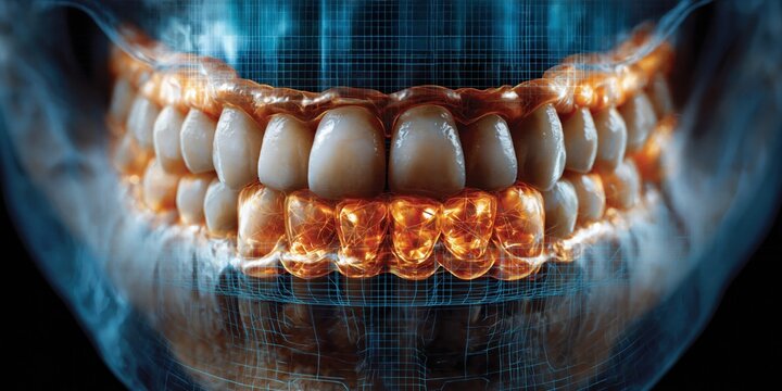 Digital scan of human teeth and jawbone with glowing orange highlights