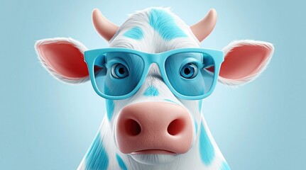 Fototapeta premium Whimsical 3D cartoon cow with blue spots and glasses, looking smart and friendly