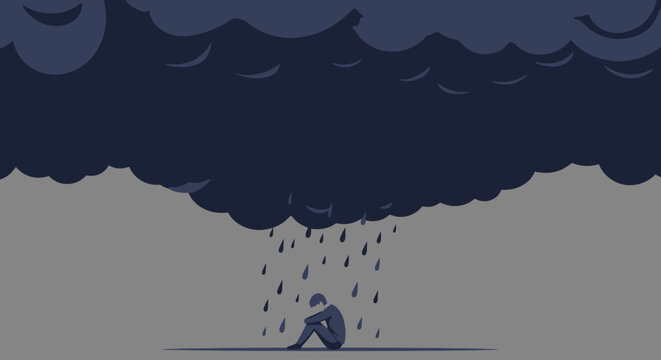 Sad person under rain cloud depression and anxiety concept