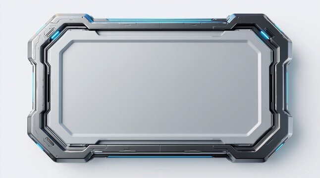 Futuristic metallic plaque with glowing blue accents on a clean white background