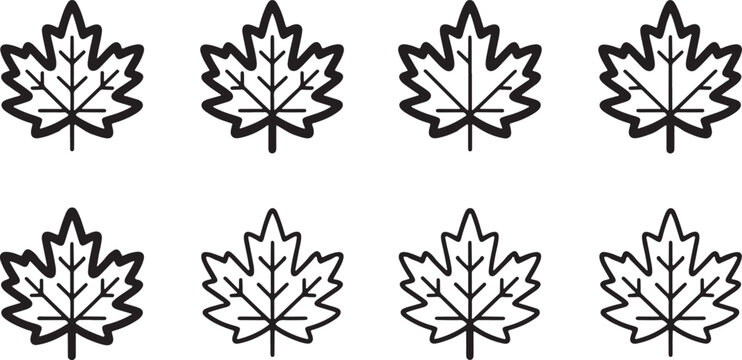 Maple Leaf Outline Icons Vector Set Black White Autumn Canada Nature Clipart vector design on transparent background.