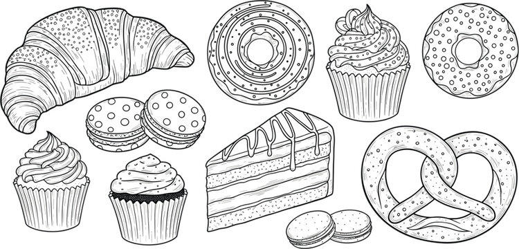 Hand drawn bakery desserts collection with croissant cupcakes donut macarons cake slice and pretzel detailed vintage sketch illustration set