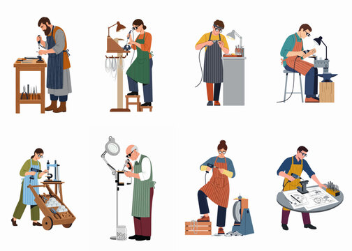 Collection of diverse craftsmen and artisans working with specialized tools at their workbenches, including jewelry makers, engravers, and repair technicians in flat illustration style.