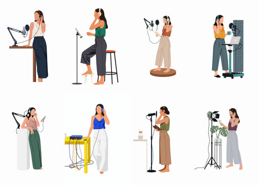 Set of flat vector illustrations of women recording podcasts, voiceovers, or music in professional and home studio settings.