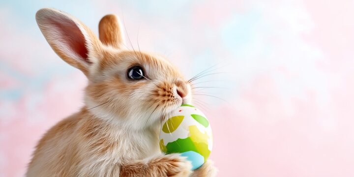 Adorable fluffy bunny holding a colorful decorated Easter egg in its paws