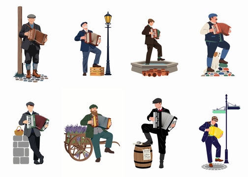 Set of vector illustrations depicting various men in traditional European attire playing accordions in rustic street scenes.