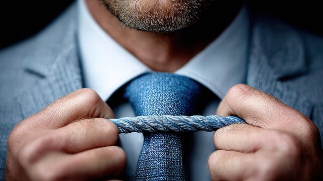 Close-up of a man in a suit carefully adjusting his blue tie.