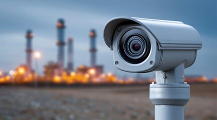 Fototapeta premium Outdoor surveillance camera monitors industrial complex at dusk