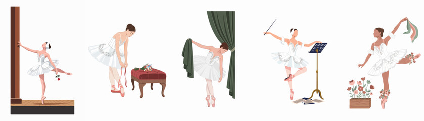 Set of elegant ballerina illustrations in various poses including backstage scenes, dancing with flowers, and musical themes on a white background. © Rolas