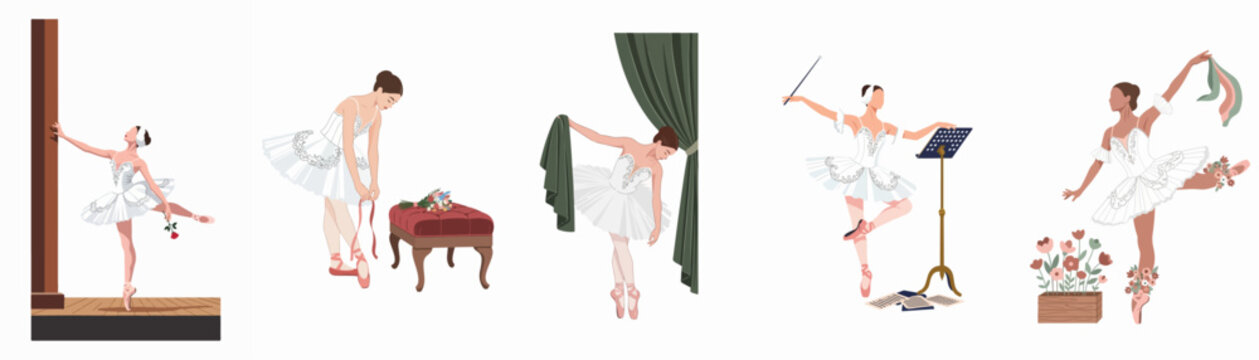 Set of elegant ballerina illustrations in various poses including backstage scenes, dancing with flowers, and musical themes on a white background.