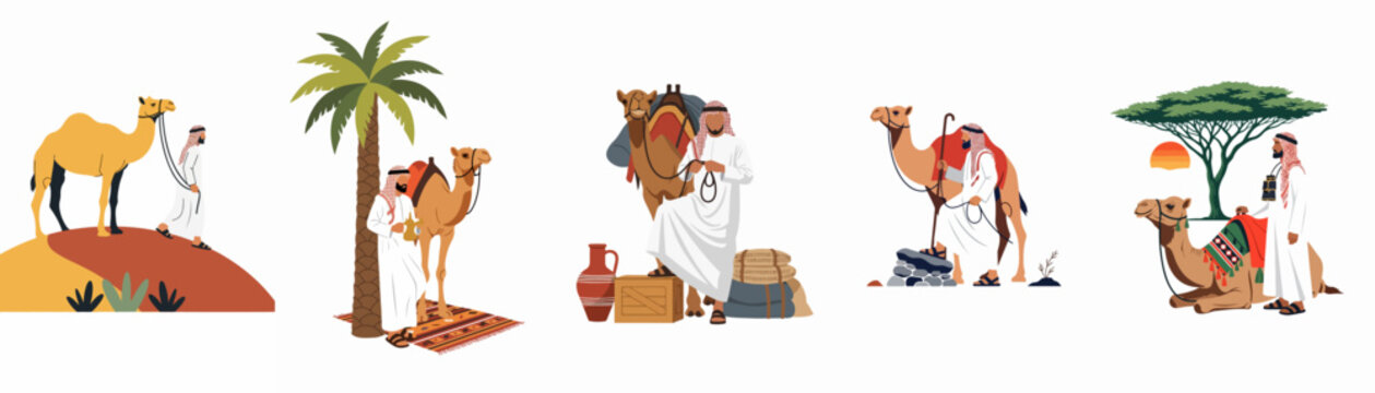 Collection of flat illustrations featuring Arab men in traditional attire with camels in various desert scenarios including traveling, resting, and trading.