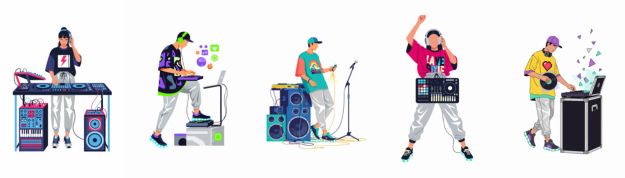 Vector illustration set of diverse DJs and music producers performing with professional audio equipment and synthesizers on a white background.