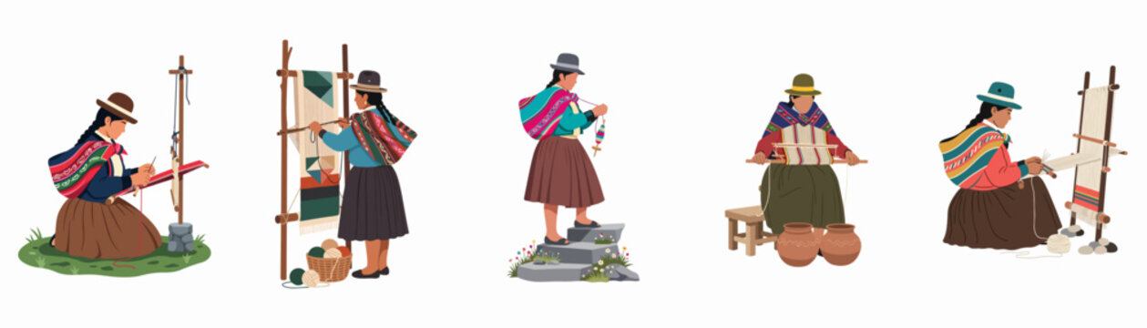 Collection of flat vector illustrations depicting traditional Peruvian women engaged in textile crafts like weaving and spinning wool in colorful Andean attire.