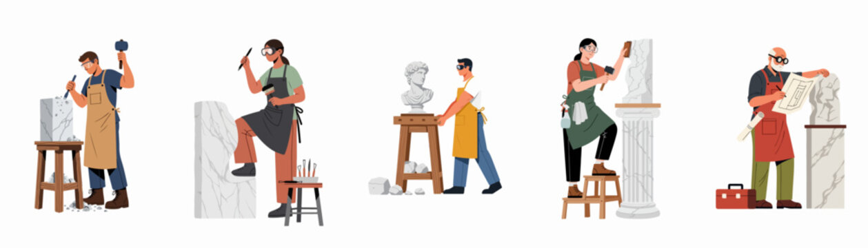 Diverse group of sculptors and stone carvers creating marble statues and columns using traditional tools like hammers and chisels, isolated on white background.