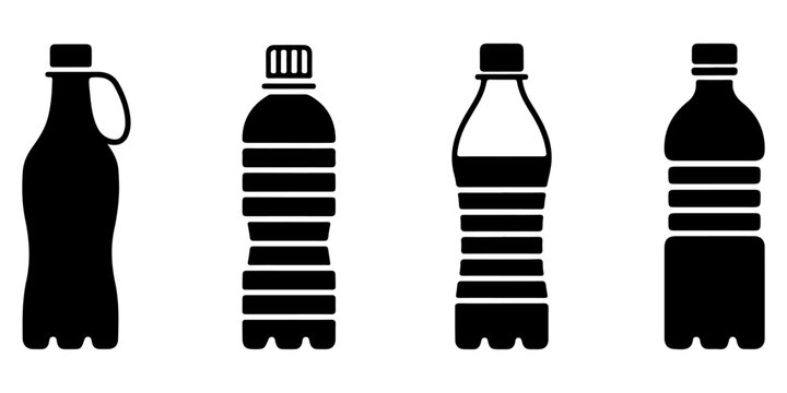 Plastic water bottle icon set in outline silhouette and colored styles hydration drink container symbol