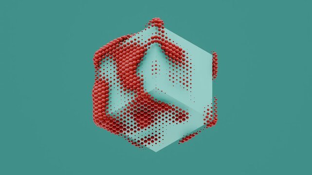 3D render of a cube covered in dots and spheres with a fluid movement