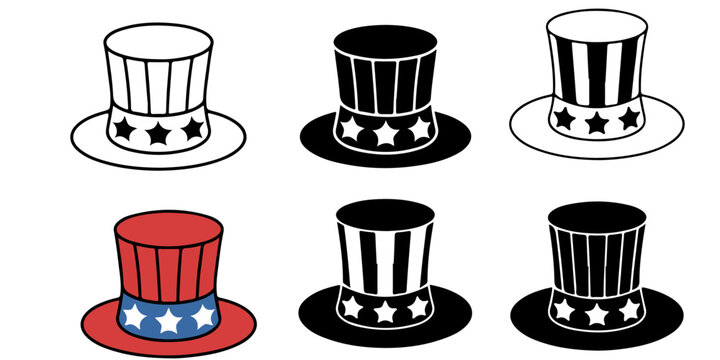 Uncle Sam hat icon set in outline silhouette and colored styles patriotic USA Independence Day