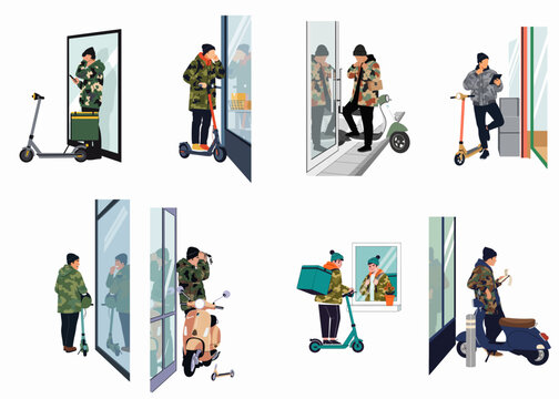 Set of illustrations featuring a male delivery courier in camouflage jackets using electric scooters and mopeds for urban logistics and package transportation.