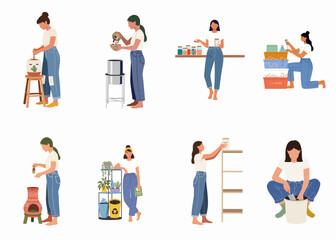 Fototapeta premium Flat vector illustration set of women practicing sustainable habits like composting, organic gardening, and zero-waste waste management at home.