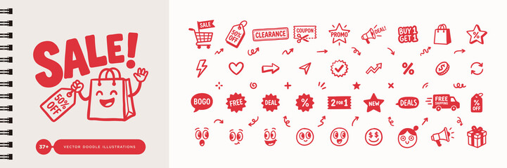Red Hand-Drawn Sale and Discount Doodle Illustrations Set © Studio181