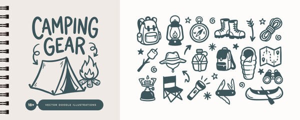 Hand Drawn Camping Gear and Outdoor Adventure Doodle Set © Studio181