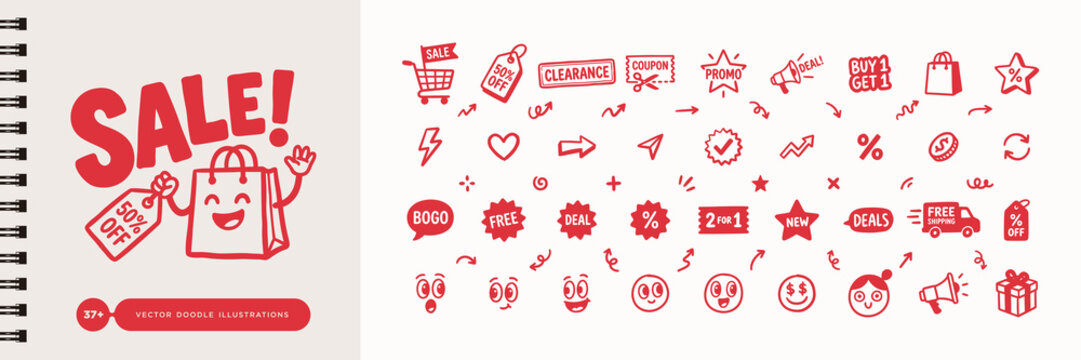 Red Hand-Drawn Sale and Discount Doodle Illustrations Set