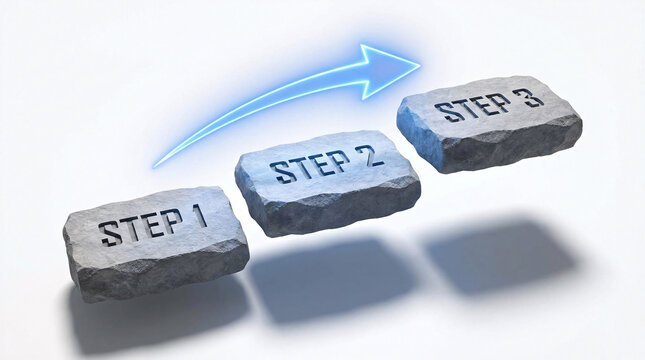 Floating stone blocks labeled "STEP 1", "STEP 2", and "STEP 3" arranged in an ascending sequence