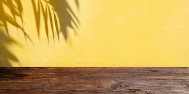 Wooden tabletop with shadowed palm on yellow wall backdrop