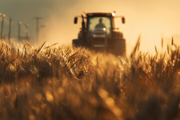 Fototapeta premium Farmer operates a tractor through golden wheat fields in evening light with blurred grain stalks in the foreground