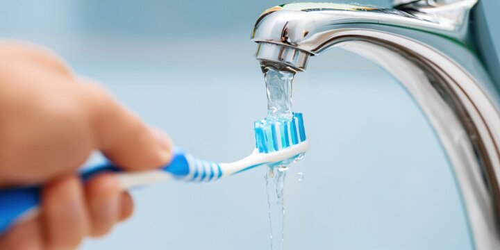 Rinsing a blue and white toothbrush under a shiny chrome faucet with running water