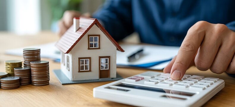 person calculating home expenses with model house and coins on desk