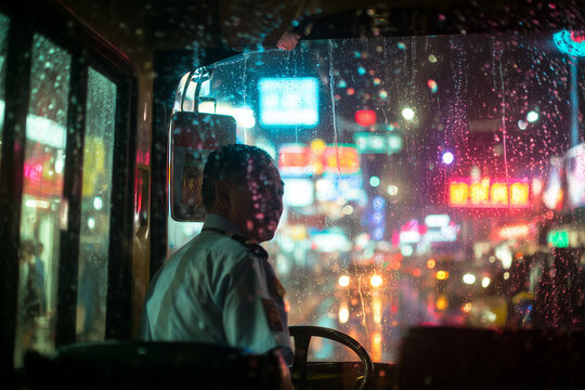 Cheerful bus driver waves from the drivers seat while rain streaks the window in a busy city at night